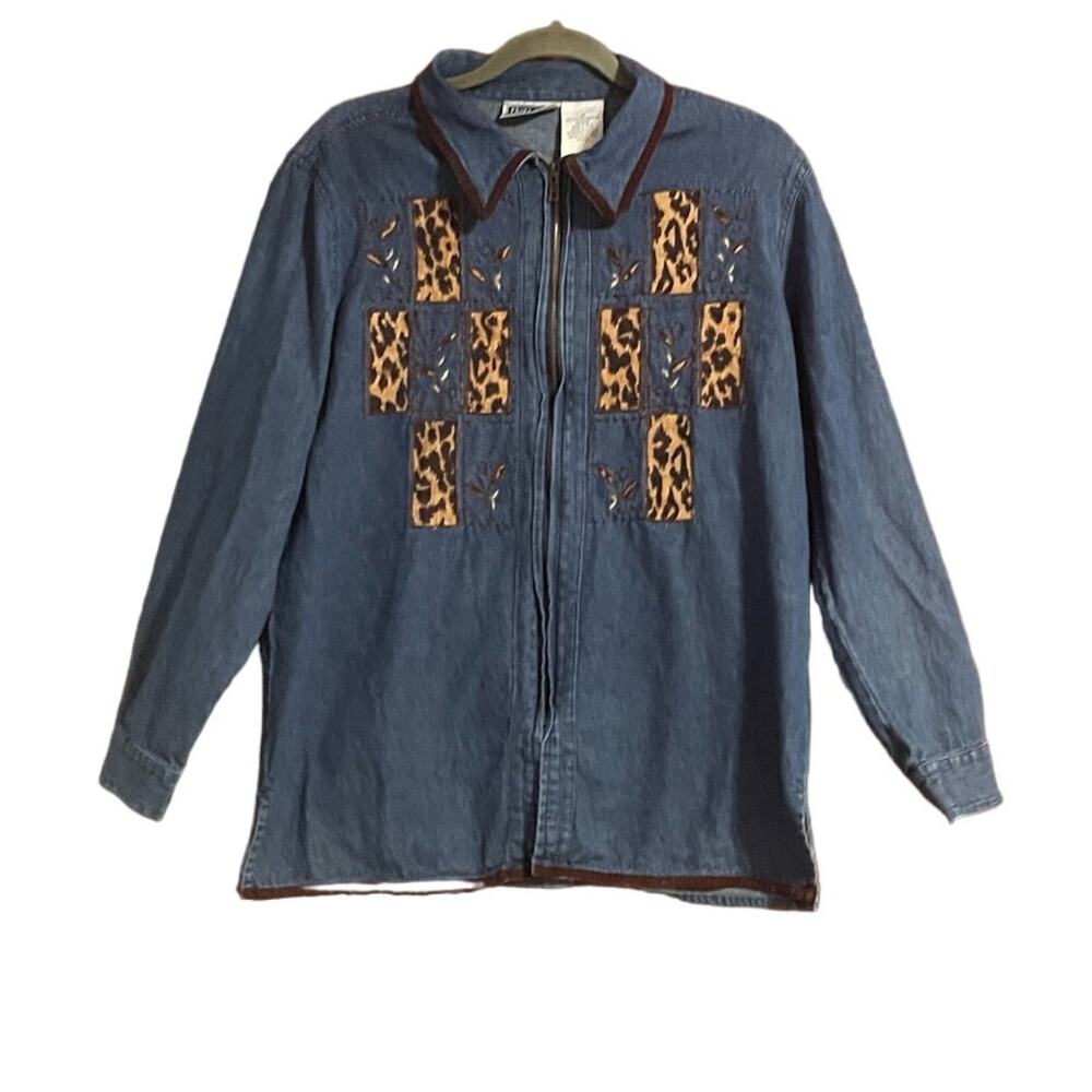 ERIKA & CO DENIM BLUE JEAN ZIP FRONT SHIRT LEOPARD PATCHES CONTRAST STICHING M